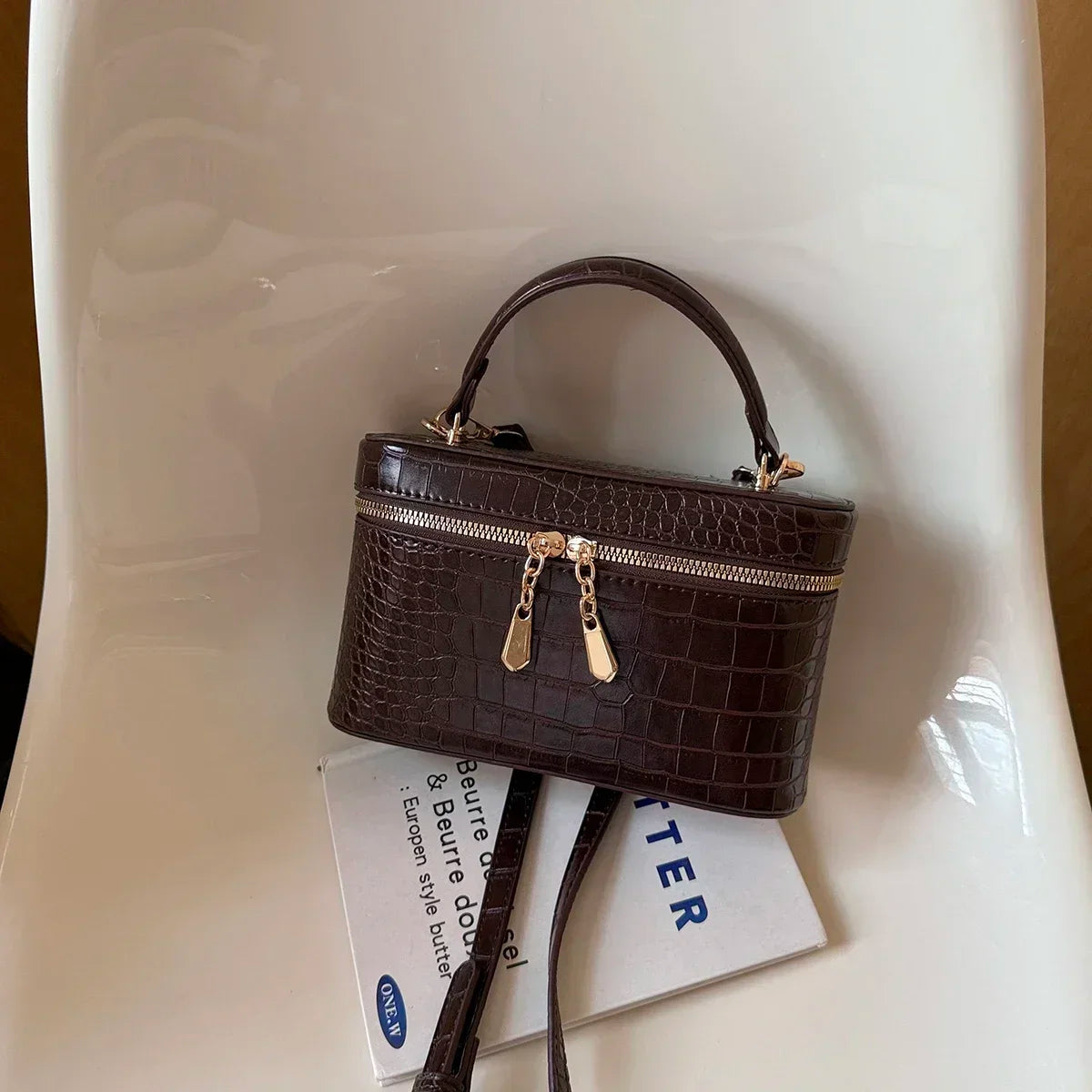Luxury Crocodile Pattern Box Handbag for Women Elegant Faux Leather Mini Crossbody Bag Portable Top Handle Shoulder Purse