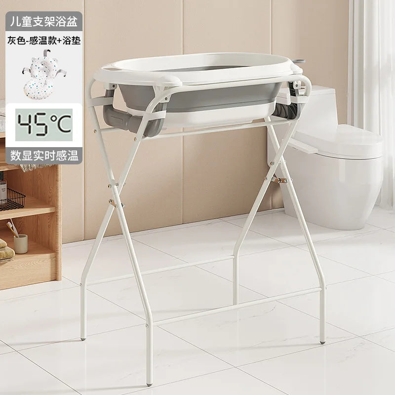 Foldable Baby Bathtub with Stand Set Newborn Bath Station No Bend Heightened Rack Infant Bath Tub with Drying Clothes Stand
