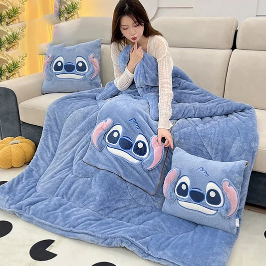 Stitch Throw Pillow Blankets Two In One Kawaii Flannel Thickened Nap Blanket Living Room Kids Bedroom Decoration Girl Gift