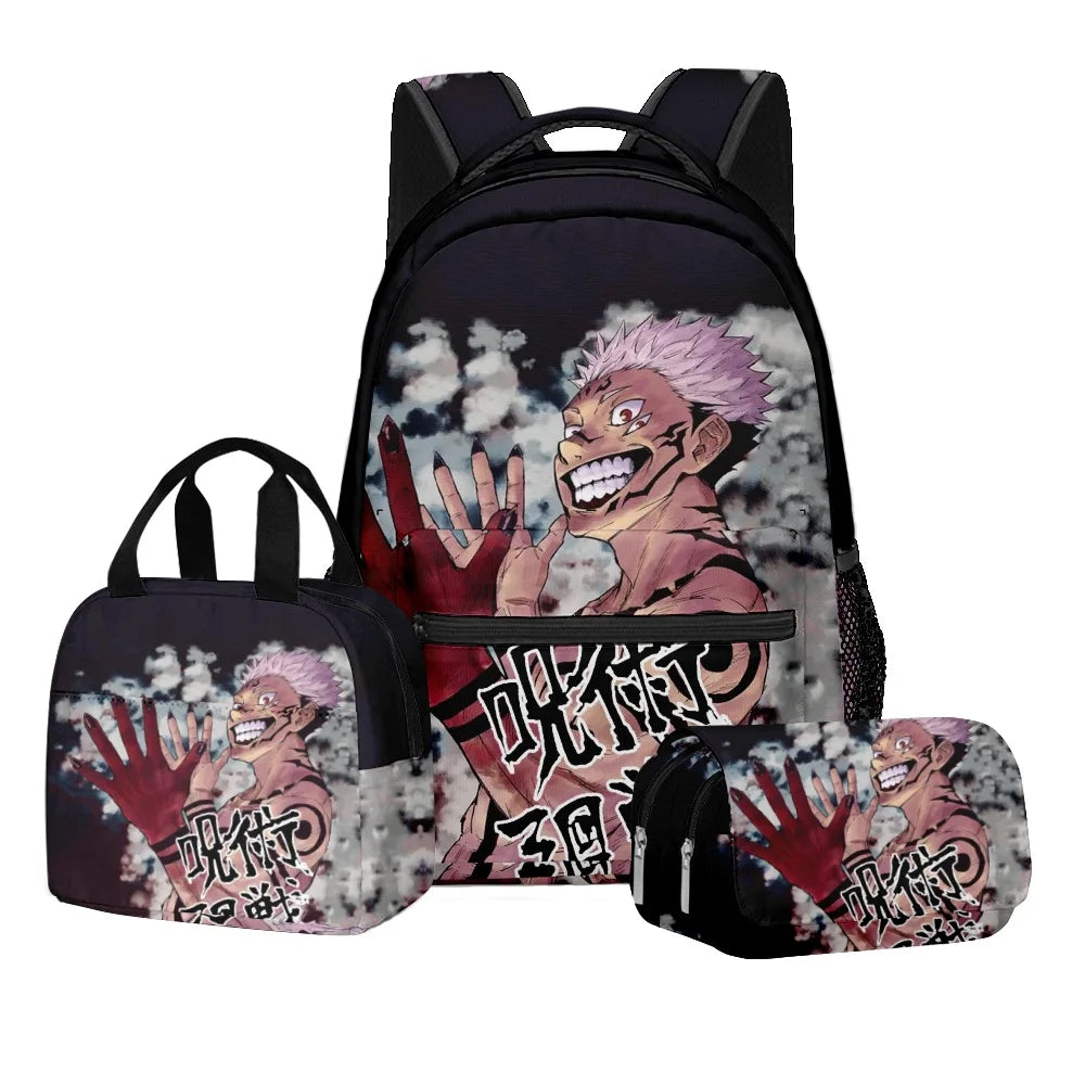 Anime Digital Print Jujutsu Kaisen School Set Large Capacity Backpack Lunch Bag 2-Layer Pencil Case 3-Piece Boy's Gift