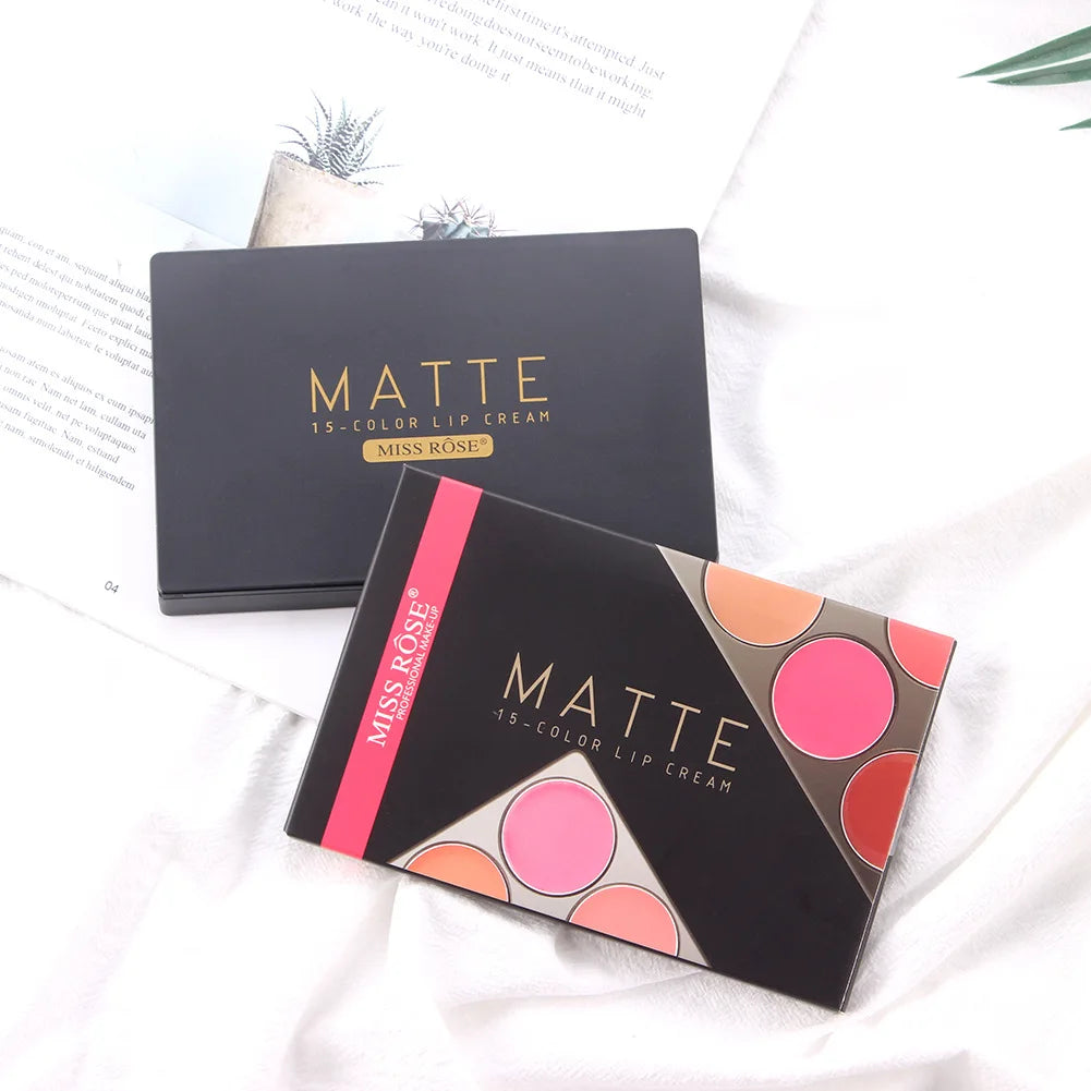 Miss Rose 15 Colours Long Lasting Lip Gloss Palette Makeup Waterproof Lipstick Cosmetic Lip Tools Set Pallete