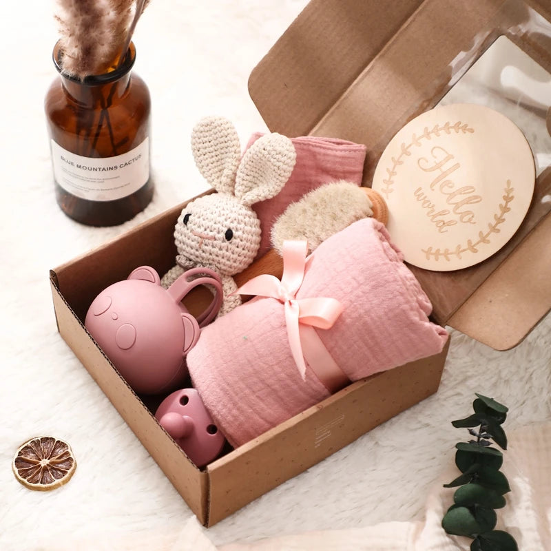 Baby Bathing Mouth Water Towel Pacifier Set Baby Full Moon Milestone Cards Wood Ring Rattle Bath Towel Wool Brush Birthday Gifts