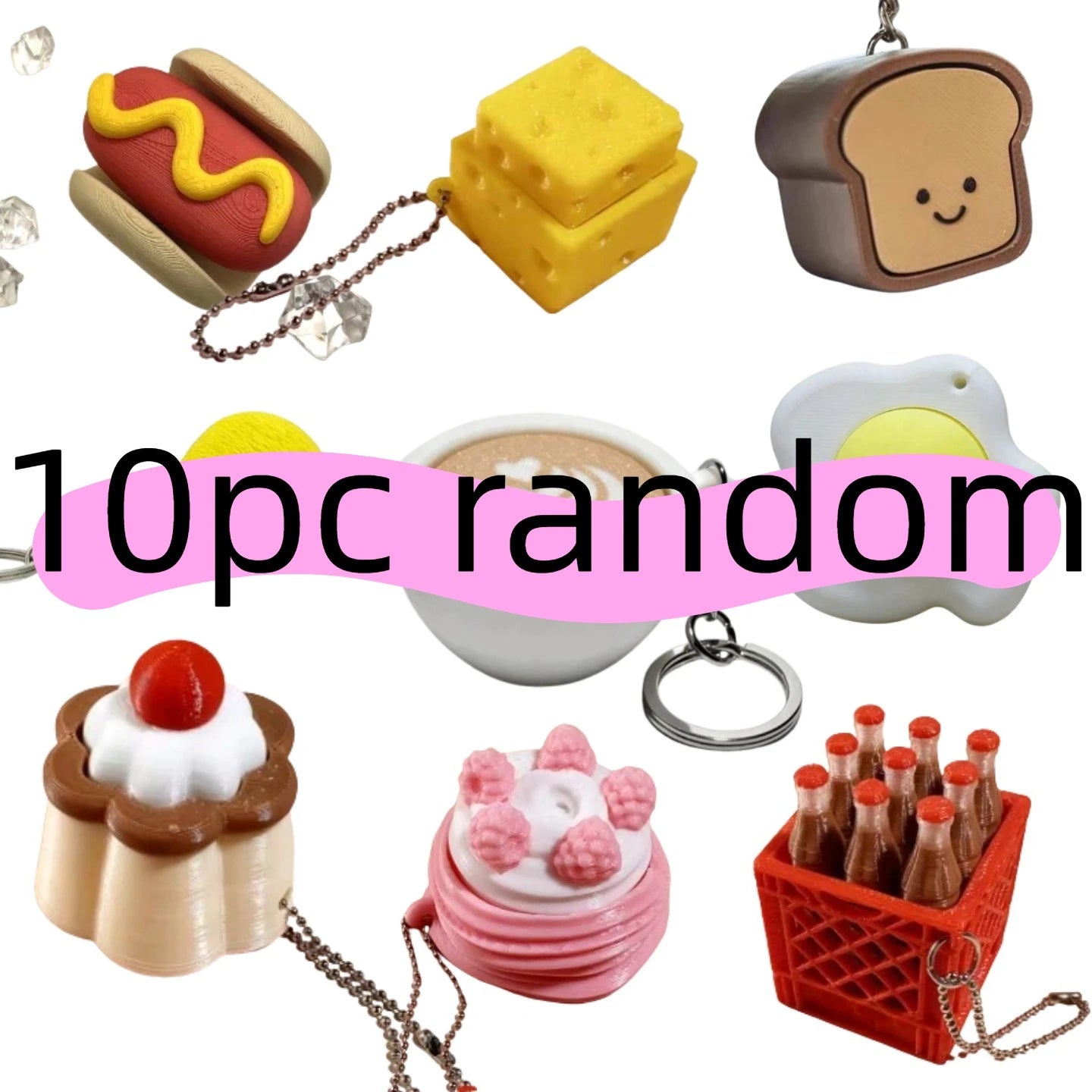 Stress resistant keychain toy - fun stress relieving buttons in strawberry cake, coffee, and chicken legs, designed for all ages