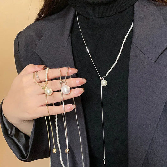 Chic Pearl Lariat Necklace Gold Chain Adjustable Minimalist Sweater Chain Jewelry for Women Statement Neck Jewelry Accessory New