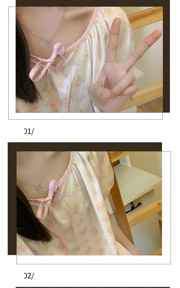 Women Homewear Two-Piece Set Printed Flowers Pink Cherry Tops Shorts Ladies Pajamas Loungewear Cute Sleepwear Fancy Underwear
