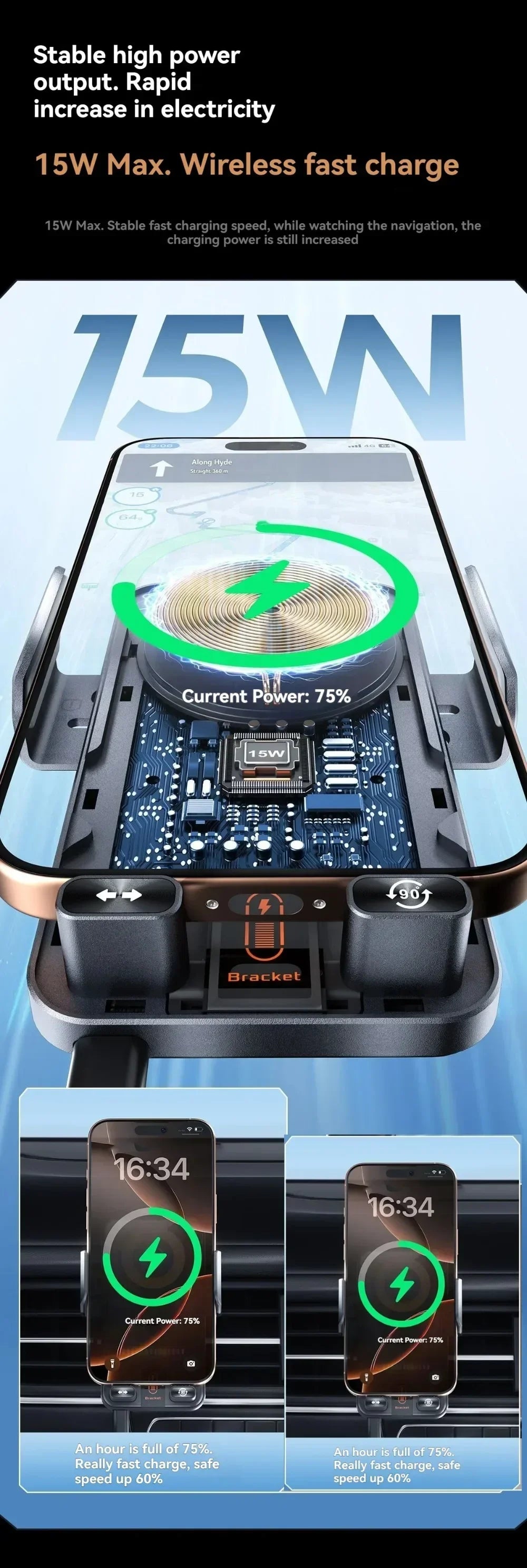 Auto-Sensing Car Wireless Charger Electric Rotating Mount Ambient Light Compatible Fast Charging Station for iPhone 17 16 15 14