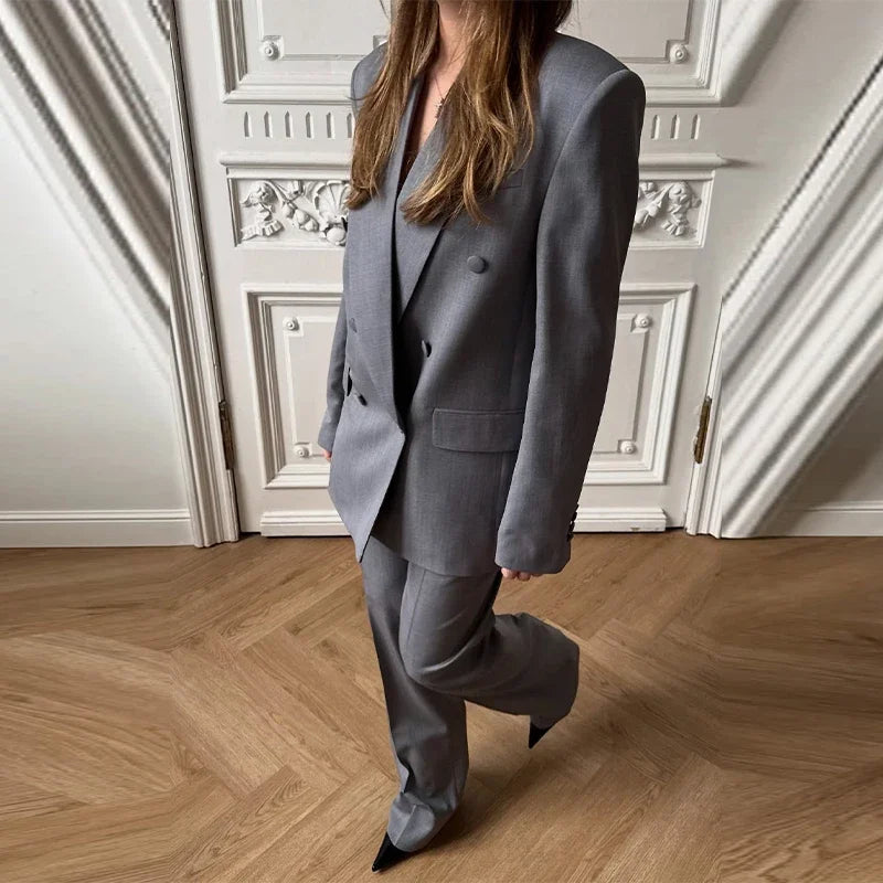 Elegant Blazer Coat Pants Set Women 2026 Lapel Double Breasted Jacket Straight Trousers Female Sets Spring Chic Lady Suit