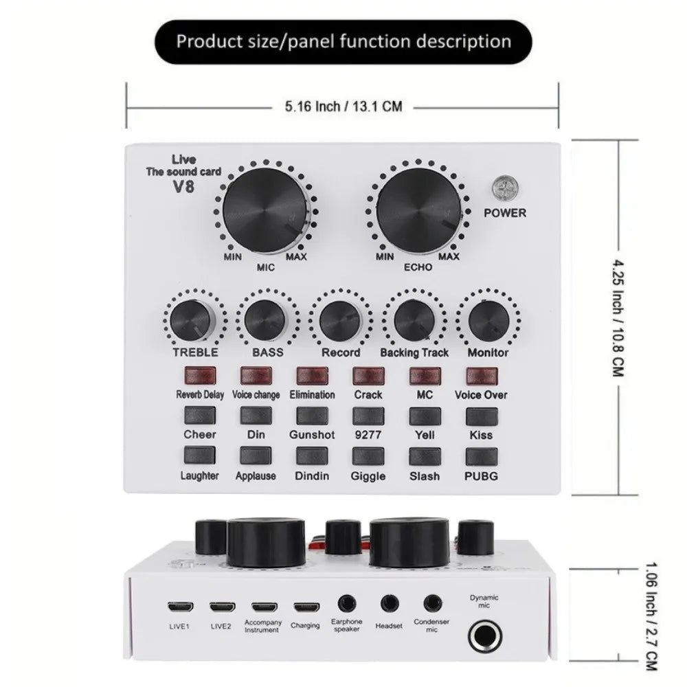 Audio Mixer V8 Sound Card Karaoke Recording Studio Record Mic Sound Card Black White External Sound Card Mobile Record