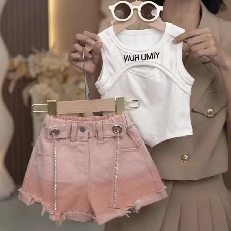 Girls' Summer Clothing Set 2025 New Children's Tank Top Denim Shorts Two Piece Set Girls' Elegant Summer Fashion