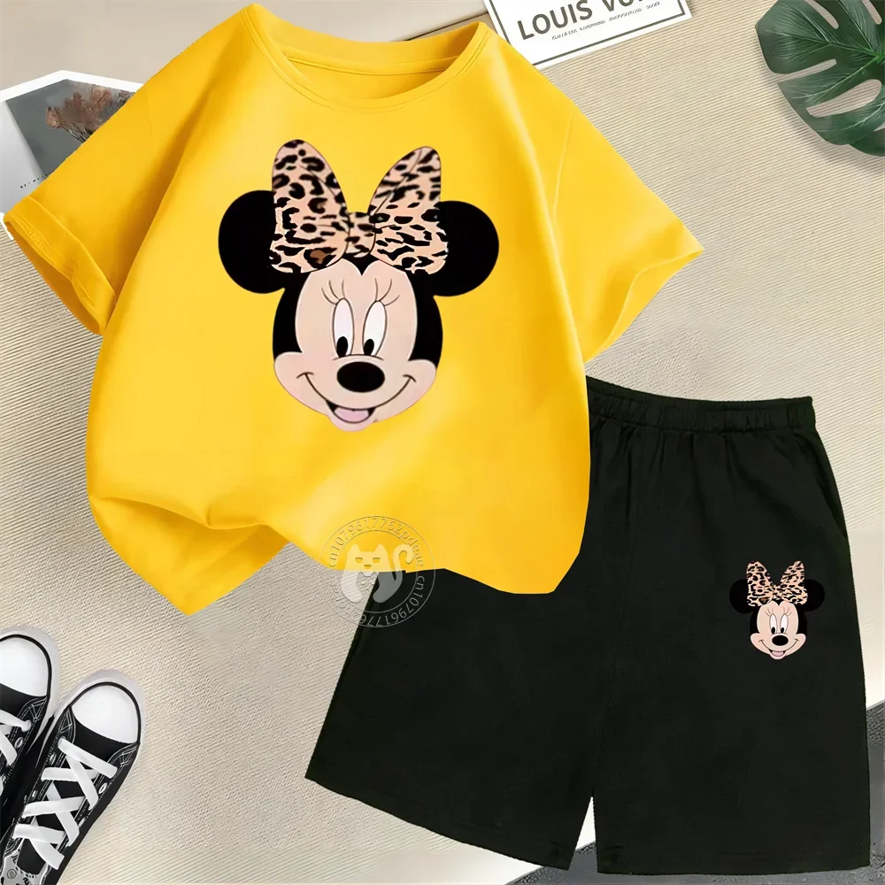 Summer Cartoon Boys & Girls 100% Cotton T-shirt + Shorts Kids Disney Open Minnie Print Fashion Street Boys & Girls Casual Suit