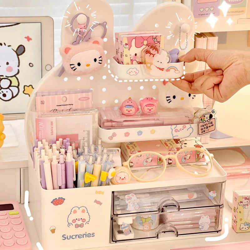 Desktop Hole Board Storage Box Desk Organizer Girls Cute Pen Holder Storage Stationary Rack Korean Kawaii Bunny Cosmetic Shelf