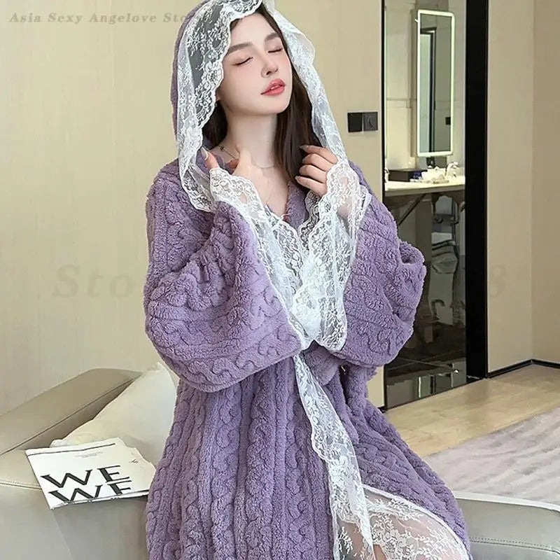 Sexy Patchwork Lace Nightgown Autumn Winter Flannel Nightdress Fashion Hooded Long Robe Female Bathrobe Kimono Gown Home Dress