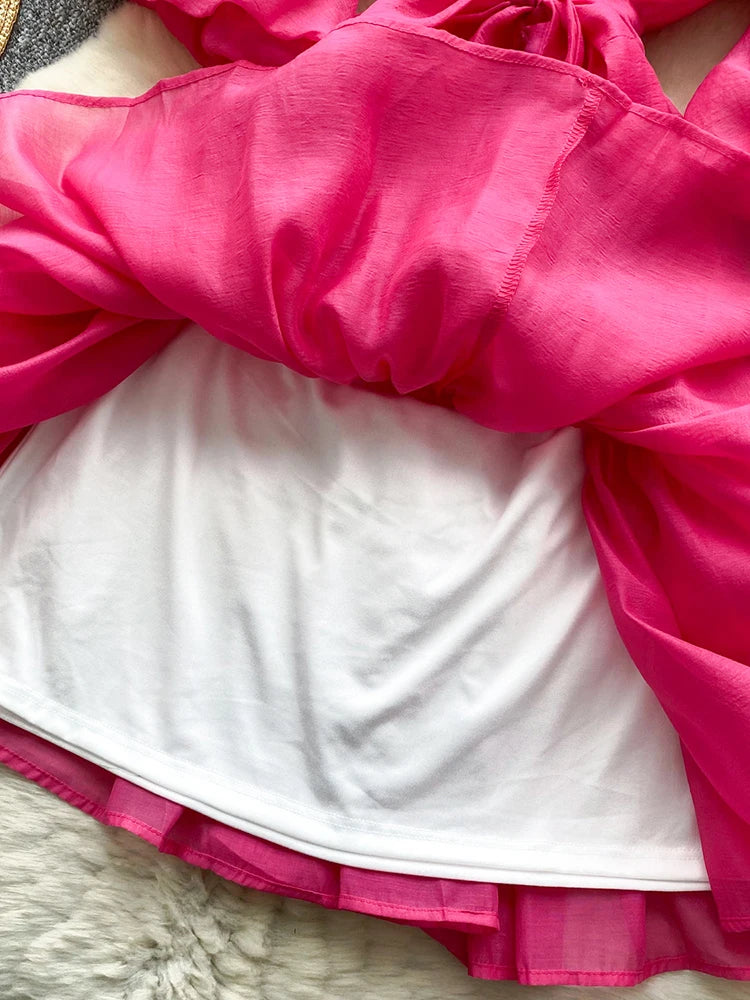 Summer Women's Puff Sleeve Shirt Dress Fashion Beach Vacation Party Birthday Blue White Exquisite Chiffon Mid Length Dress B06