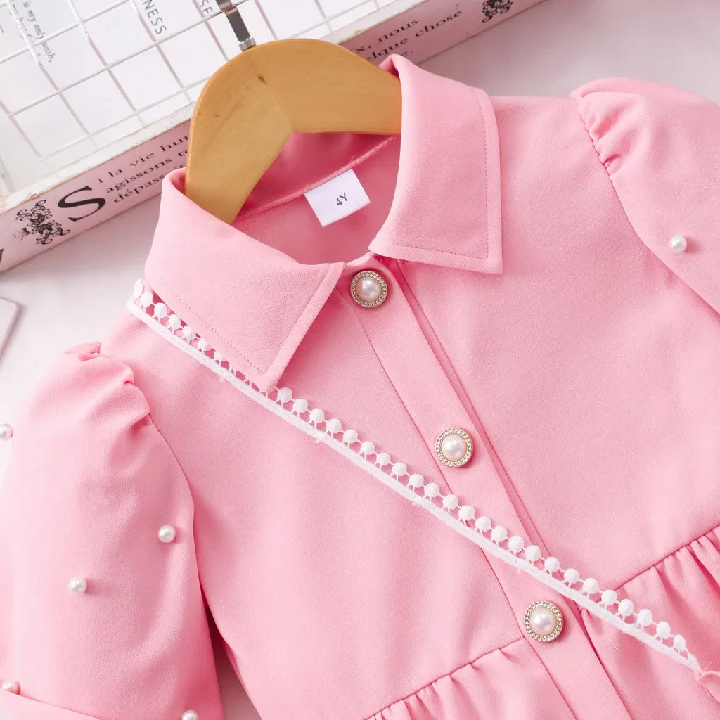 【Free Bag】 Pink Kids Girl Dress Summer Autumn Cute Long Sleeve Children Dress Casual Fashion Elegant Girls Clothes 3 4 5 6 7 Yrs
