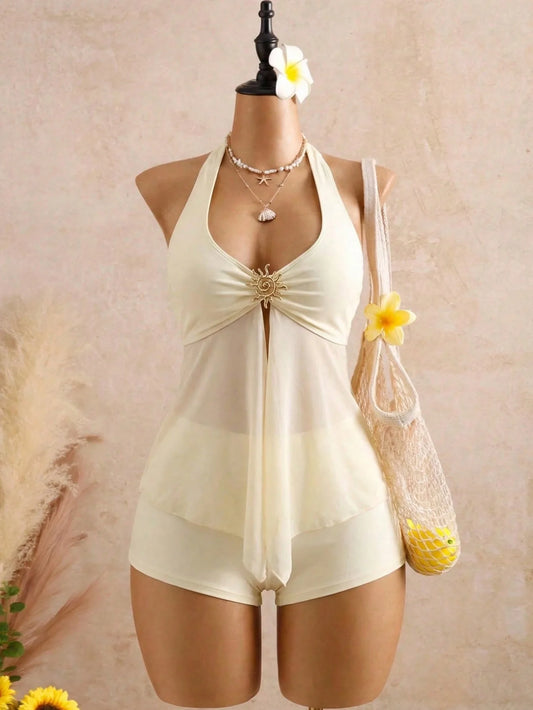 Beige Two Piece Bikini Set 2026 Women Metal Sun Ornament Mesh Tank Top High Waist Swimsuit Holiday Bathing Suit Swimwear