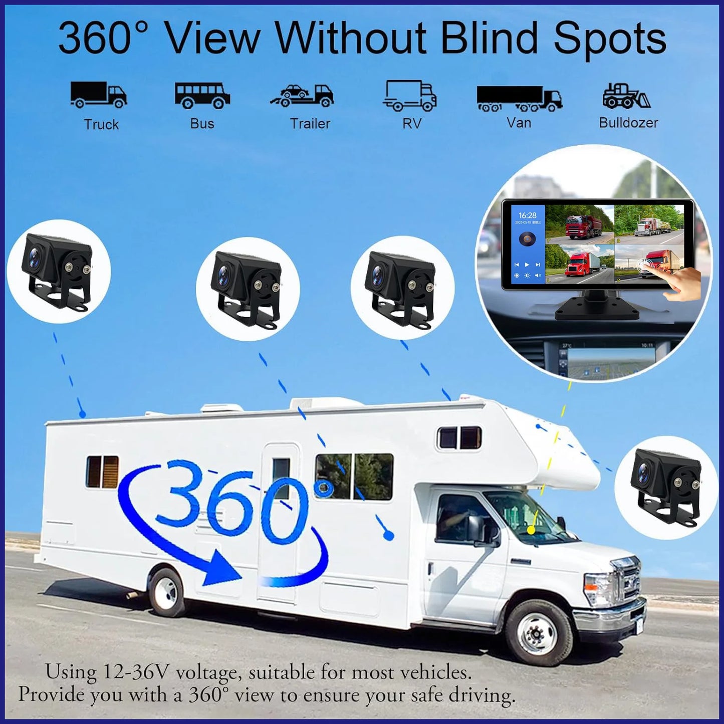 10.36 inch 4 Channel Car DVR Recorder Smart Blind Spot Radar BSD Alarm Monitor With 1080P AHD 4 Backup Cameras For Truck Bus