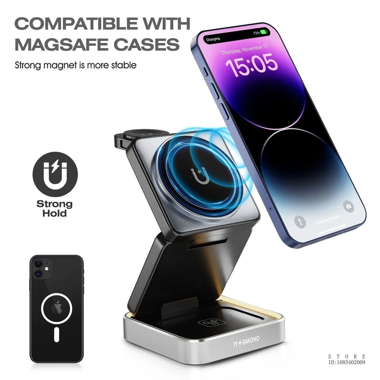 Wireless Charger 3-in-1,Portable Travel Foldable Charger Aluminum Stand for iPhone 15 14 13 12 Pro Max Plus Watch & Airpods