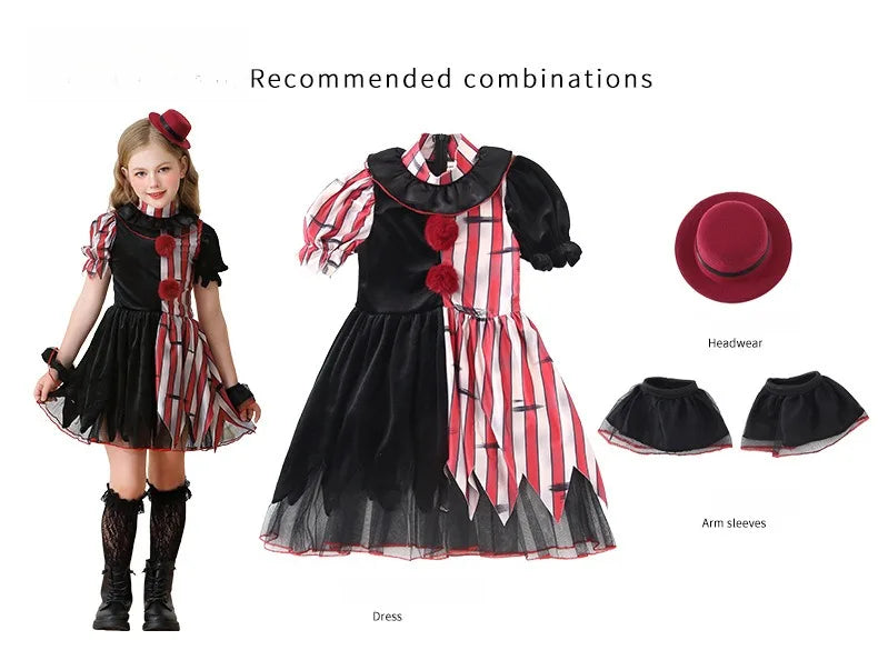 Halloween Cosplay Costumes Horror Clown Dresses Pants Headwear Clothes Sets Carnival Theme Party Role Playing Outfits for Girls