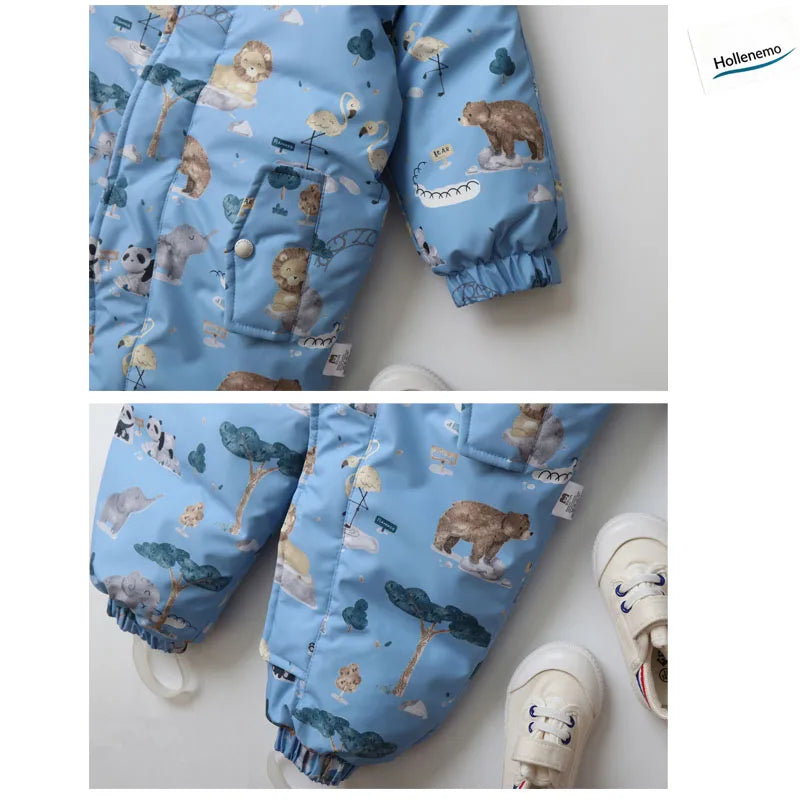 Baby Hooded One‑Piece Snowsuit Faux Fur Trim Windproof Waterproof Animal Print Warm Winter Zipper Jumpsuit Romper For Boys Girls