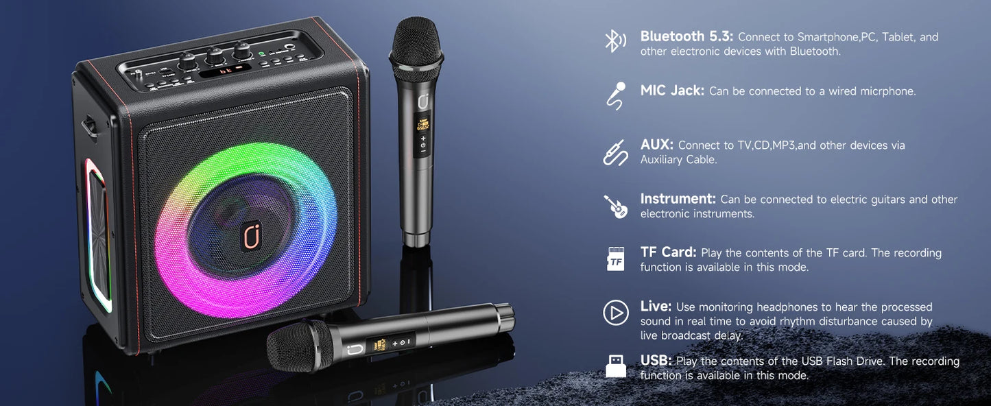 Karaoke Machine, Portable Bluetooth 5.3 Speaker with 2 Wireless Microphones for Adults, Supports TWS/TF Card/USB/AUX/Live