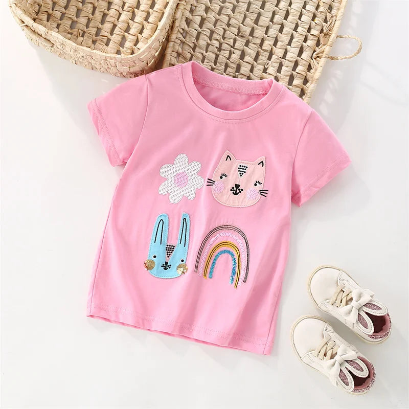 Jumping Meters 2-7T Animals Embroidery Summer Girls T Shirts Short Sleeve Kids Tees Tops Baby Costume Children's Clothes Shirts