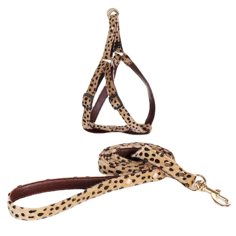 Leopard Print Dog Harness and Leash Set Adjustable - Stylish Dog Collar Pu Fashion Pet Walking Accessories for Small Dogs