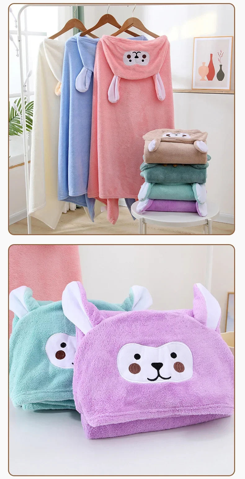 Children Hooded Bath Towel Coral Fleece Super Absorbent Quick Dry Soft Cartoon Cape Towel For Baby Bathroom