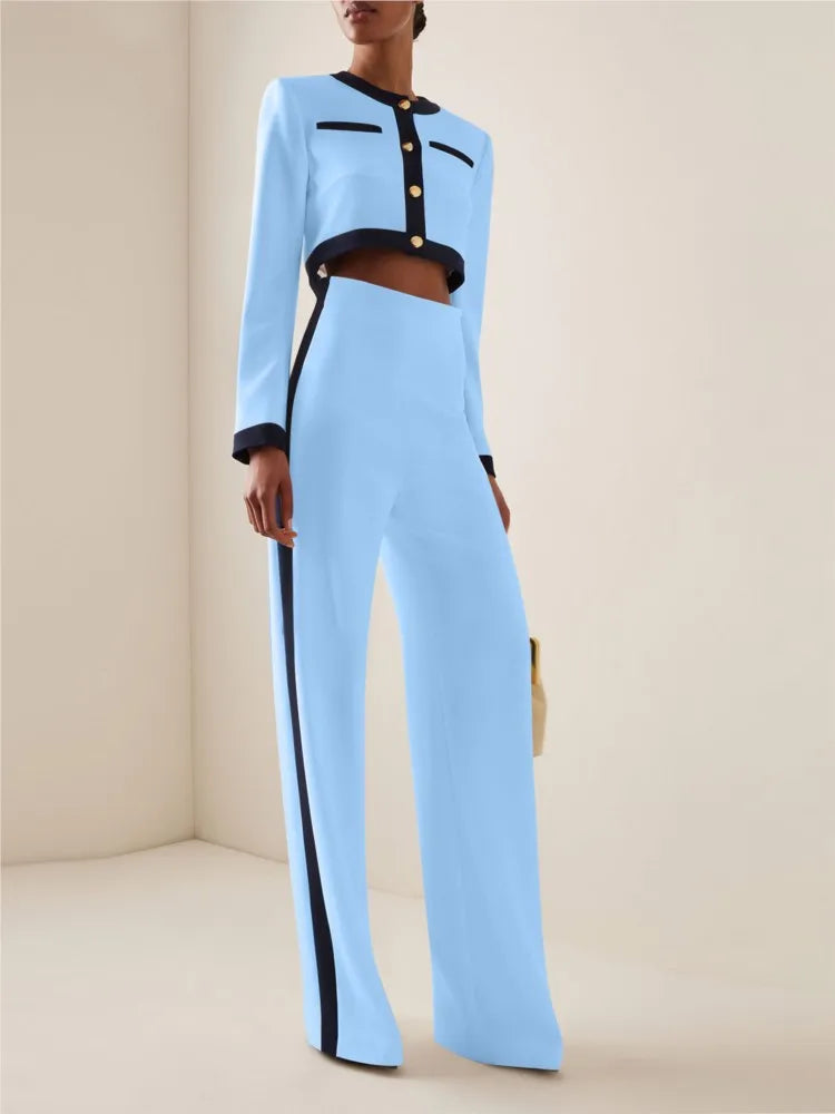 Elegant Women Slim Office Outfit Spring Autumn Fashion Contract Color Show Style Long Sleeve Button Tops & High Waist Pants Suit