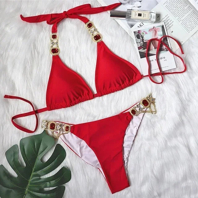 Halter Metal Chains Rhinestone Diamond Bikini Women Swimsuit Female Swimwear Two Pieces Bikini set Brazilian Bathing Suit Swim