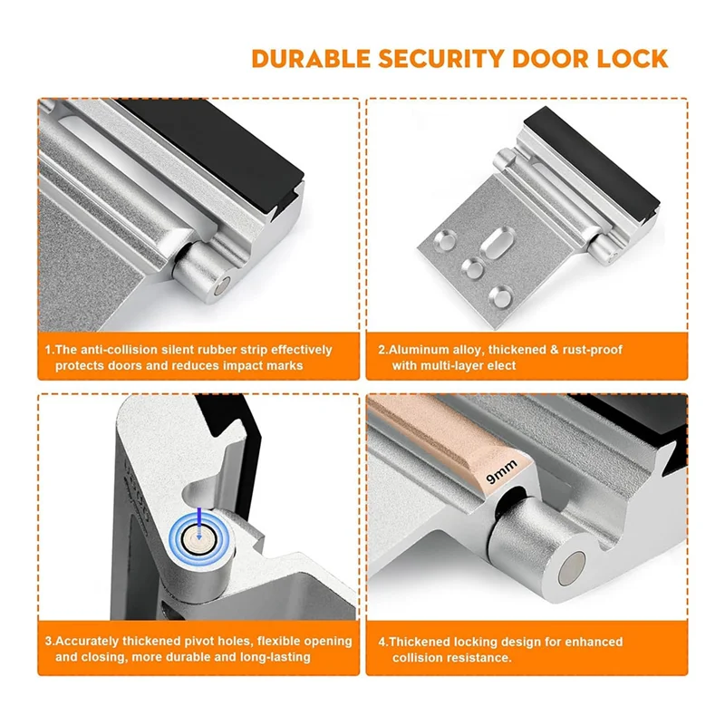 FULL-2Pack Home Security Door Reinforcement Lock Security Door Locks Home Prevent Unauthorized Entry Forkids Safety Silver