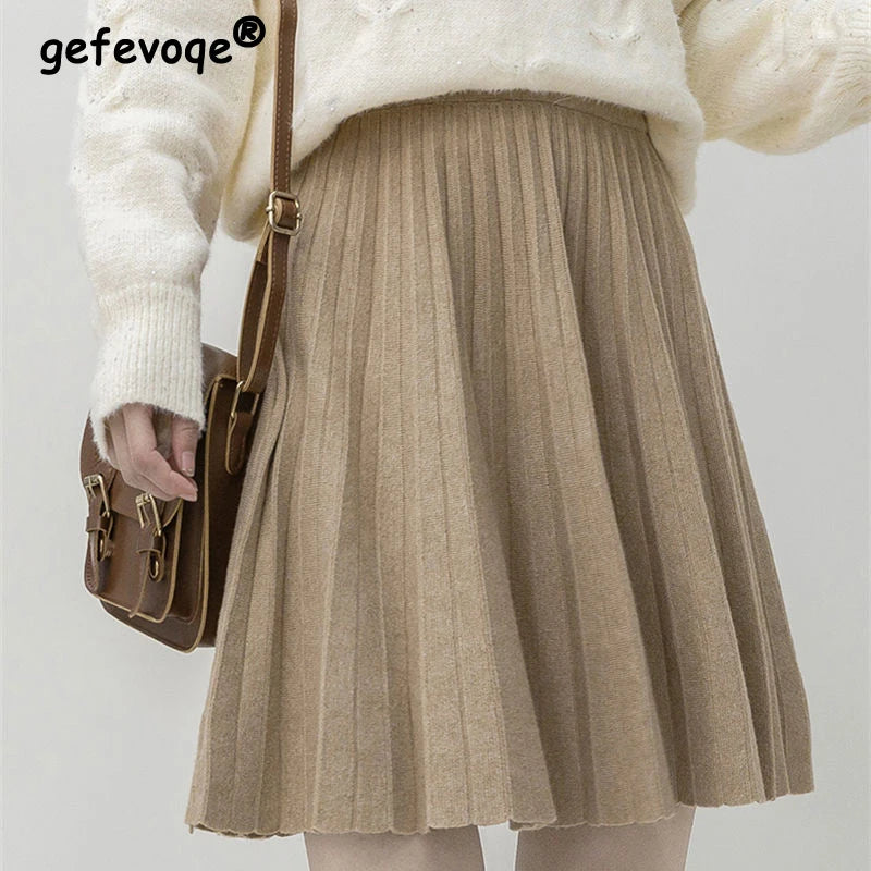 Clothes for Women Autumn Winter Korean Fashion Sexy Sweet Chic Pleated Skirts Elegant High Waist Solid Slim A-line Knitted Skirt