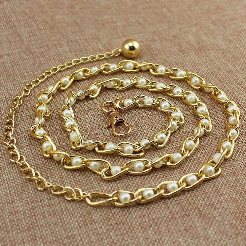 Women's Dress Accessories Waist Chain Metal Chain Solid Pearl Versatile Apparel Accessories Pearl Thin Waist Belts