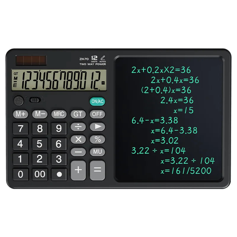 Desktop office calculator; Financial accounting; School office; Teacher student writing draft memo; Handwriting board computer.