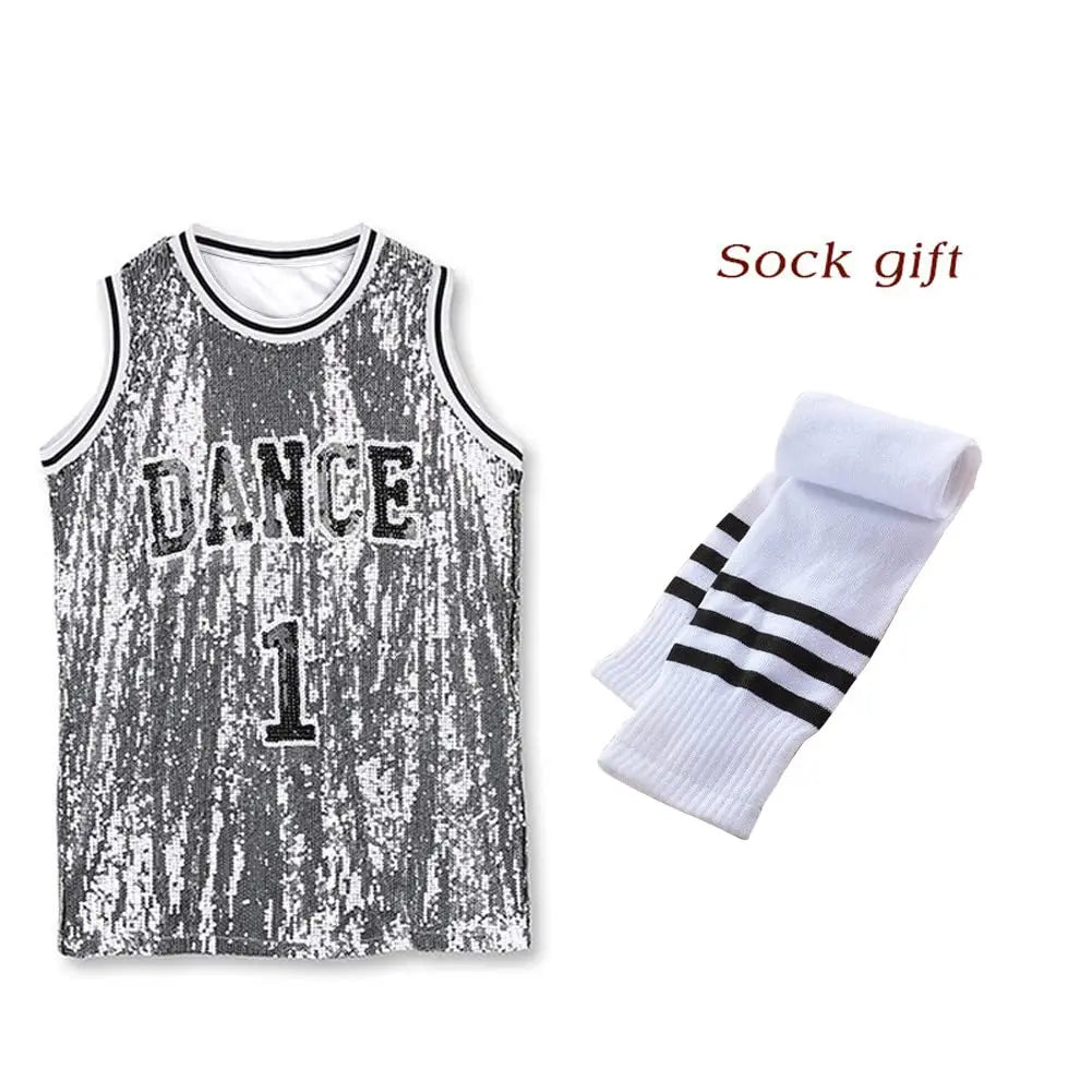 LOlanta Girls Hip Hop Dance Clothes Kids Jersey Sequin Dress Long Tank Top Jazz Cheerleading T-Shirt