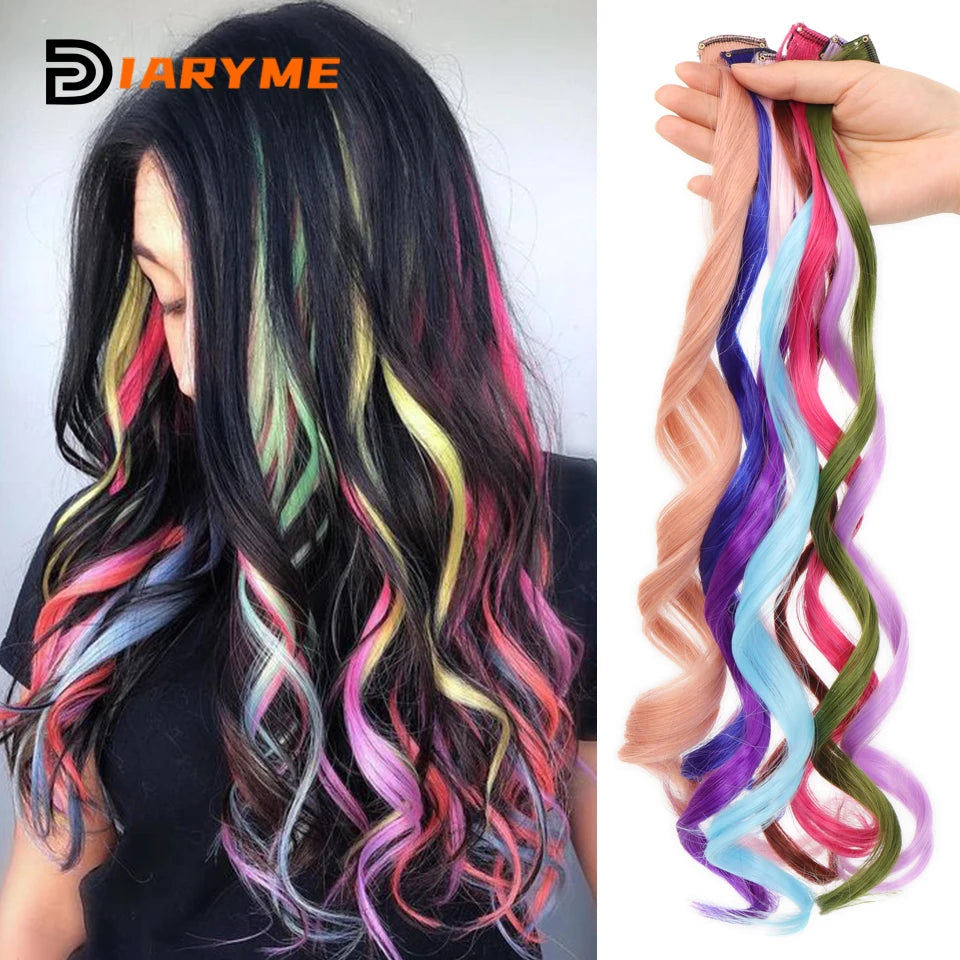 Colorful Hair Extensions Curly One Clip in Synthetic Long Hairpiece For Girls Women Kid Multi-colors Party Highlights Wig Piece