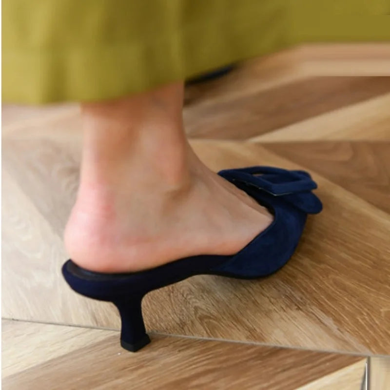 2022 Woman Summer sandals Lady mules big size 42 basic style shoes kid suede french style buckle slippers Women pump pointed toe