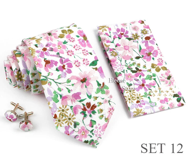Hot Sell 3PC Chic Elegant Floral Tie Set Pocket Square Cufflinks For Men Women Wedding Party Dinner Suit Tuxedo Accessory Gift