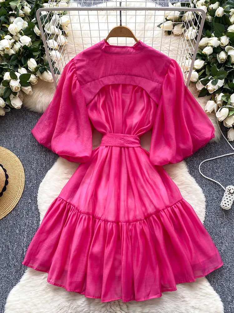 Summer Women's Puff Sleeve Shirt Dress Fashion Beach Vacation Party Birthday Blue White Exquisite Chiffon Mid Length Dress B06