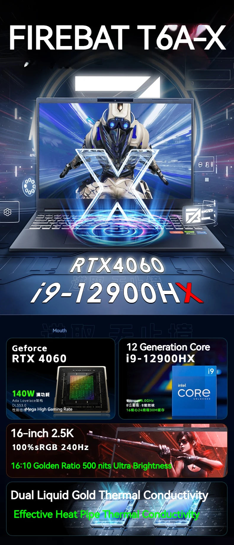 FIREBAT T6A-X 16 Inch Intel i9-12900HX/AMD R7-7435HS RTX 4060 DDR5 165Hz 2.5K Wifi6 BT5.1 32GB 1TB Gaming Gamer Notebook Laptop