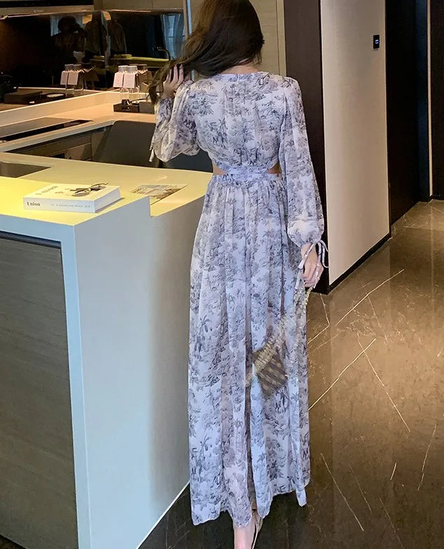 Elegant Boho Vintage Dress 2025 Spring Casual Printed Maxi Vestido Woman Sexy Hollow Waist Chiffon Beach Dress Female Clothing