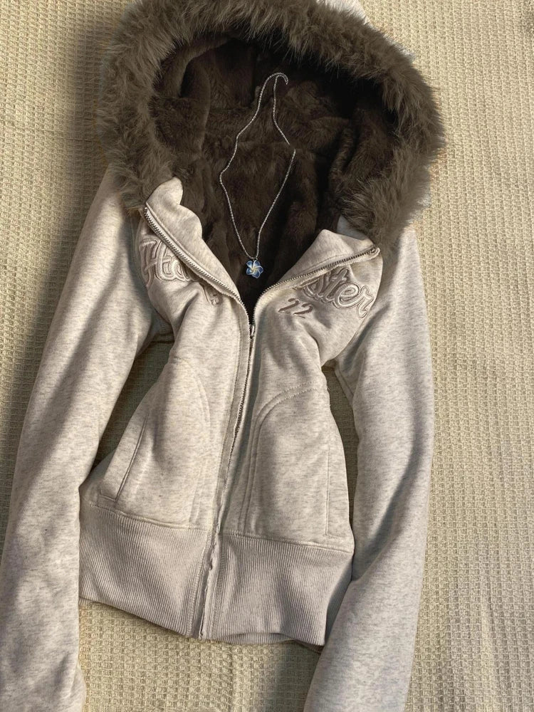 Y2k Aesthetic Vintage Fur Patchwork Hoodies Autumn Grunge Letter Embroidery Hoody Streetwear Cropped Zipper Sweatshirt Jackets