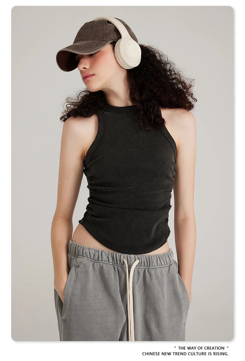 ZODF Women 2025 Hotsweet Girls Washed Cotton Tank Tops Female 315gsm Slim Pleated Arc Hem Camisole TEE Brand Tops HY0574