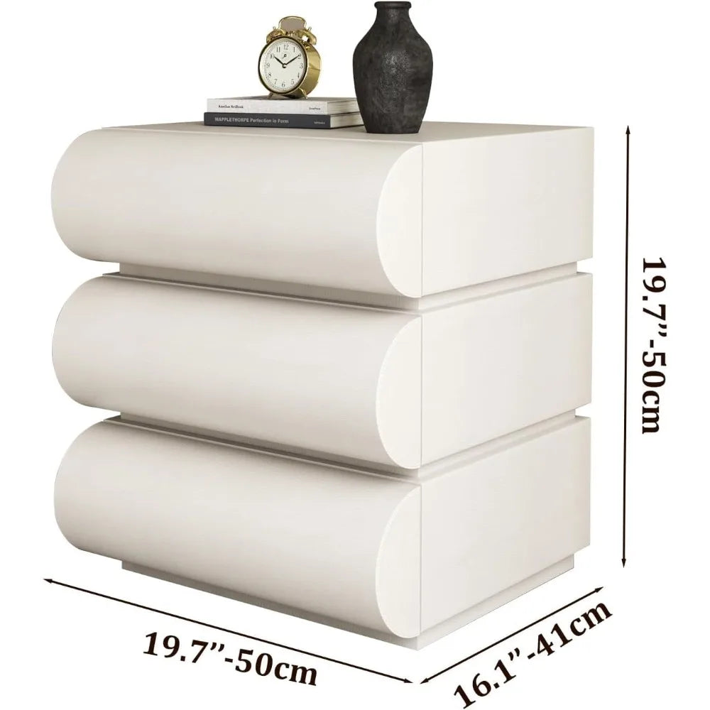 modern off white nightstand with 3 drawers - leather bedside table, end table for bedroom/living room, fully assembled (19.7''h)