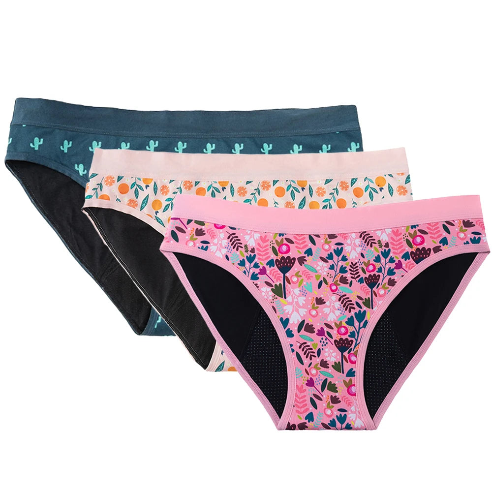 3PCS/Lot Girls Cotton Menstrual Panties For Teenager Printing Fabric Underwear 4-Layers Medium Flow Absorption Panties for Girls