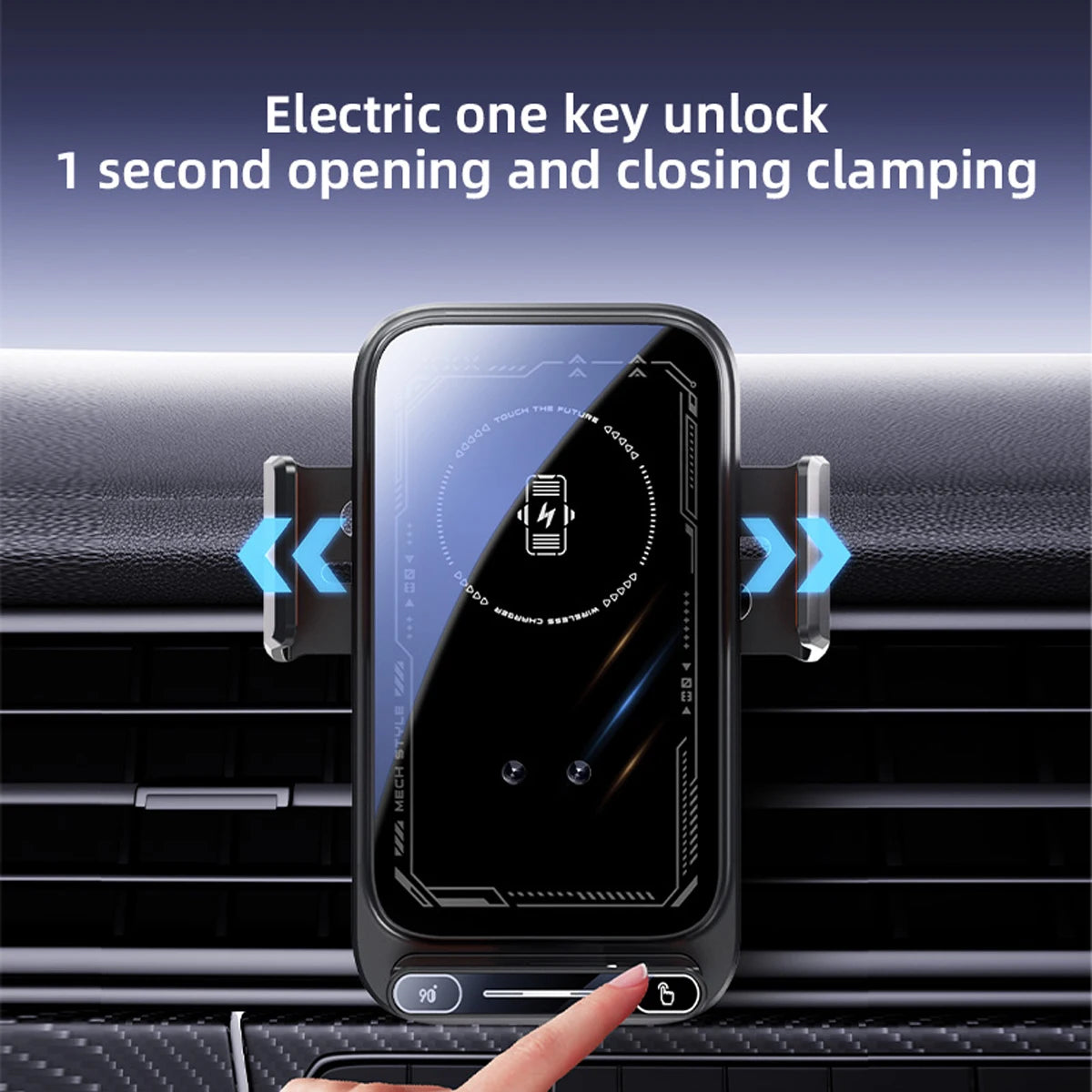 Smart Sensing Car Phone Holder 15W Qi Wireless Charging Motorized Rotation One-Touch Release & Clamping Rotatable Cable Port