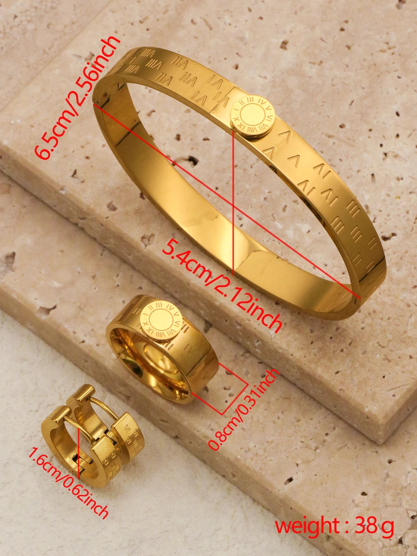 1set/4pcs New Trendy Round Roman Numerals Bracelet Stainless Steel Enamel Bangles Ring Earrings Jewelry Set Women Orange Color