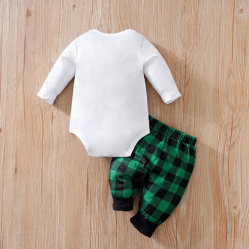 Christmas Newborn Baby sets 2pcs Autumn Green checkered print Gentleman's bow tie long-sleeved Unisex Fashion Baby clothes