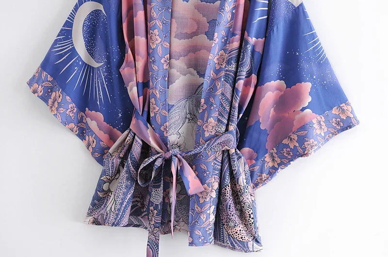 Happie Queens Vintage Star and Moon Floral Print Sashes Women Bohemian V Neck Batwing Sleeves Happie Short Robe Kimono