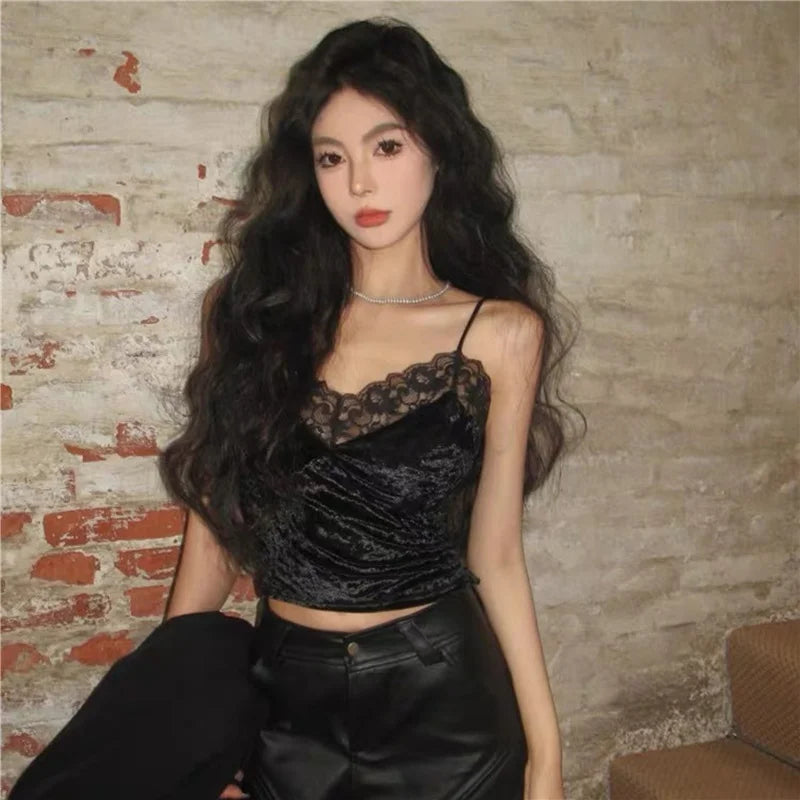 Lace Patchwork Velvet Csole Women's ort Sle Inner Wear Pad Included Slim Fit Base irt Top for Autumn Winter