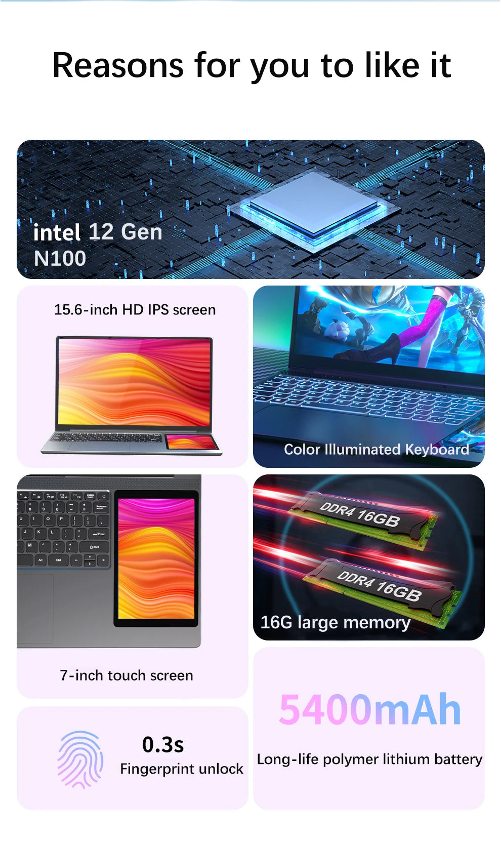 GLF-Y2 Dual Screen Laptop Intel N100 Max 15.6 Inch IPS+7'' Touch 32G DDR4 M.2 2T SSD Slim Business Computer Gen Office Notebook